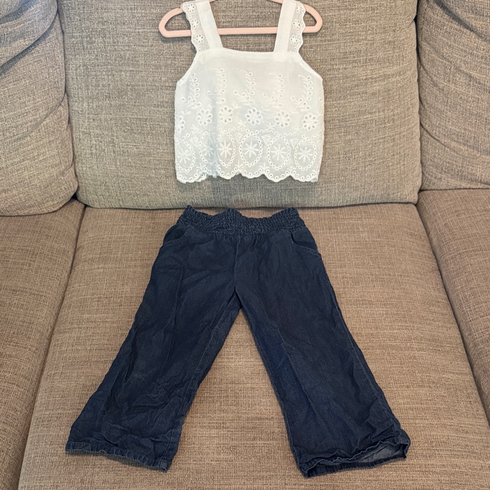 White Eyelet Top and Navy Pants Set